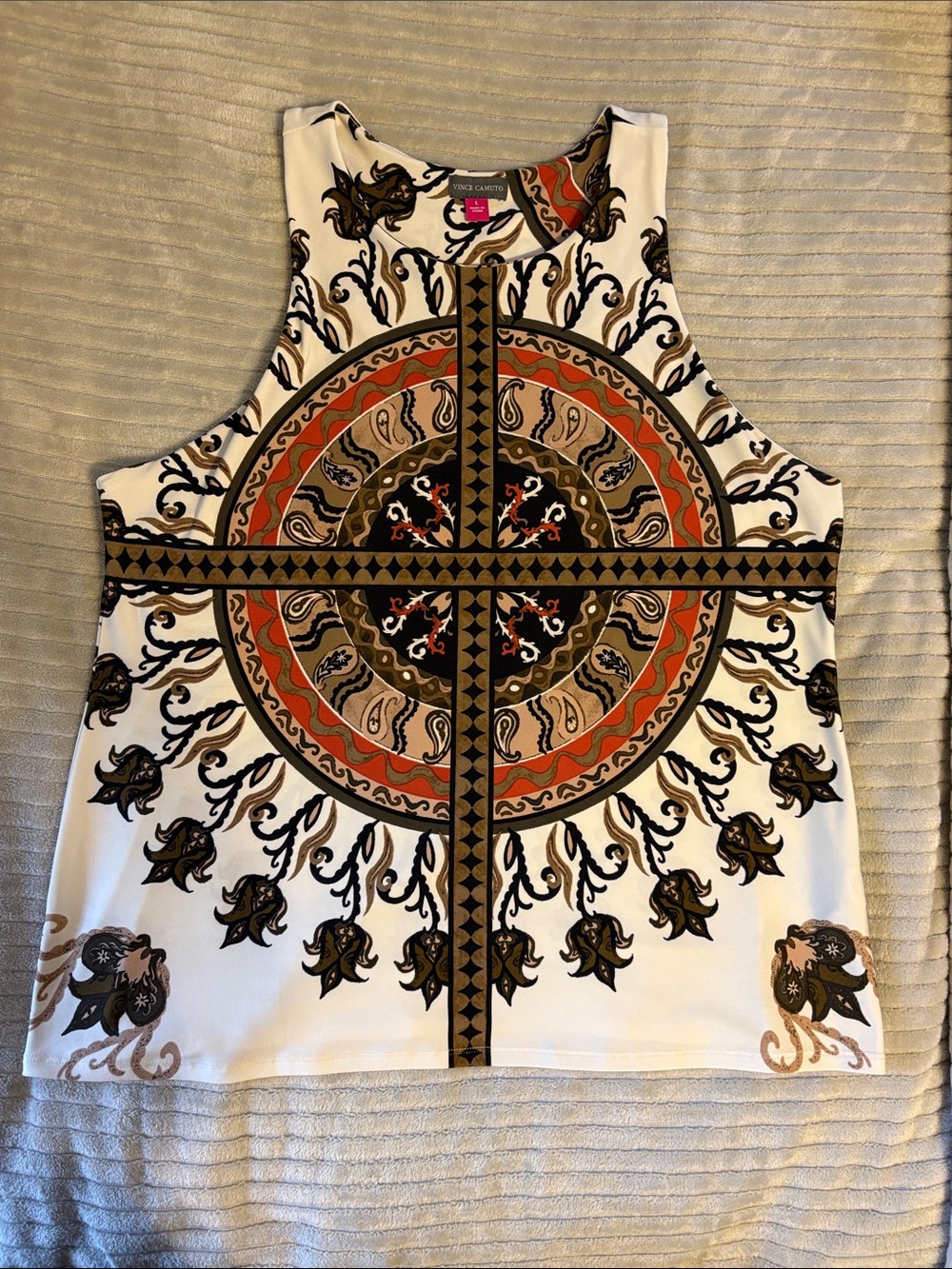Vince Camuto Cream Top with Orange, Black and Olive Medallion Print